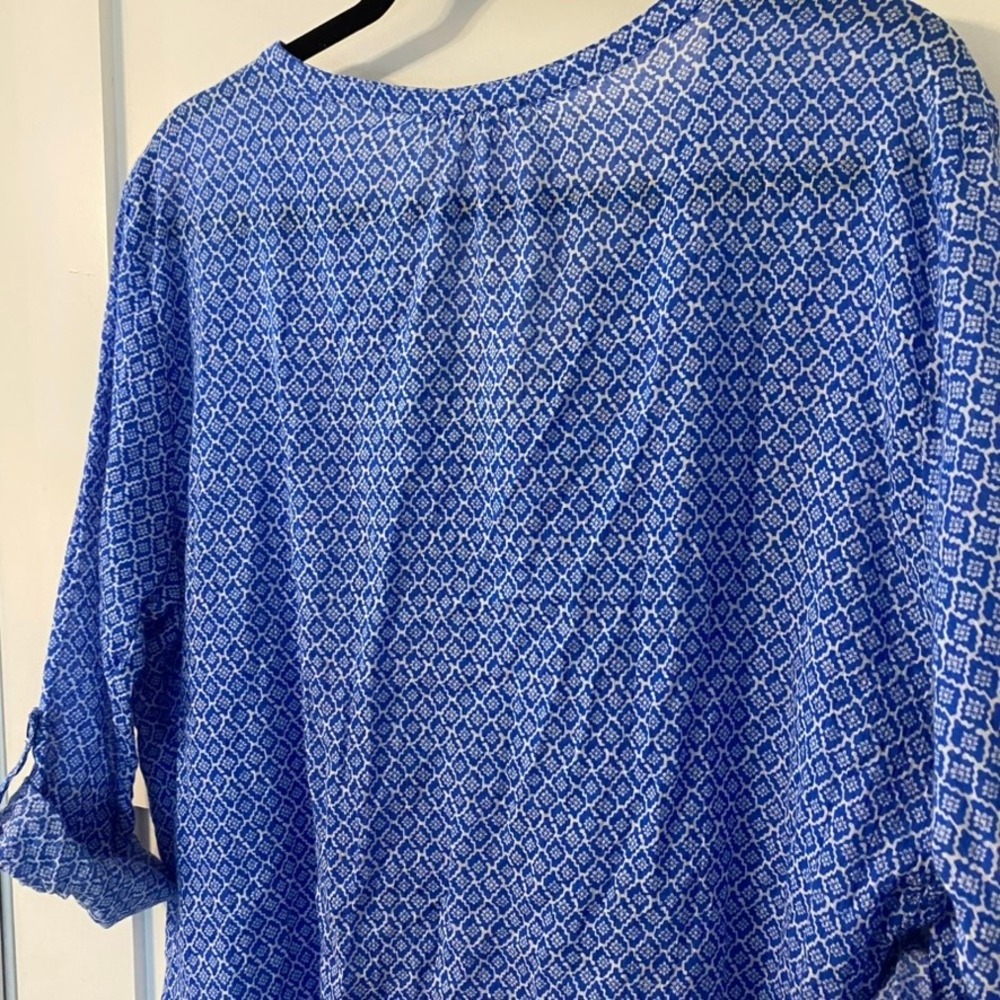 Hester & Orchard XL Blue White Geometric Cotton Roll Tab Pintuck Blouse Boho - Picture 11 of 15